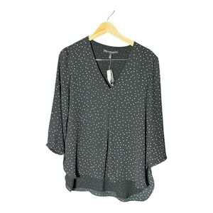 White House Black Market Black White Polka Dot‎ V Neck 3/4 Sleeve Top Sz 14 NWT